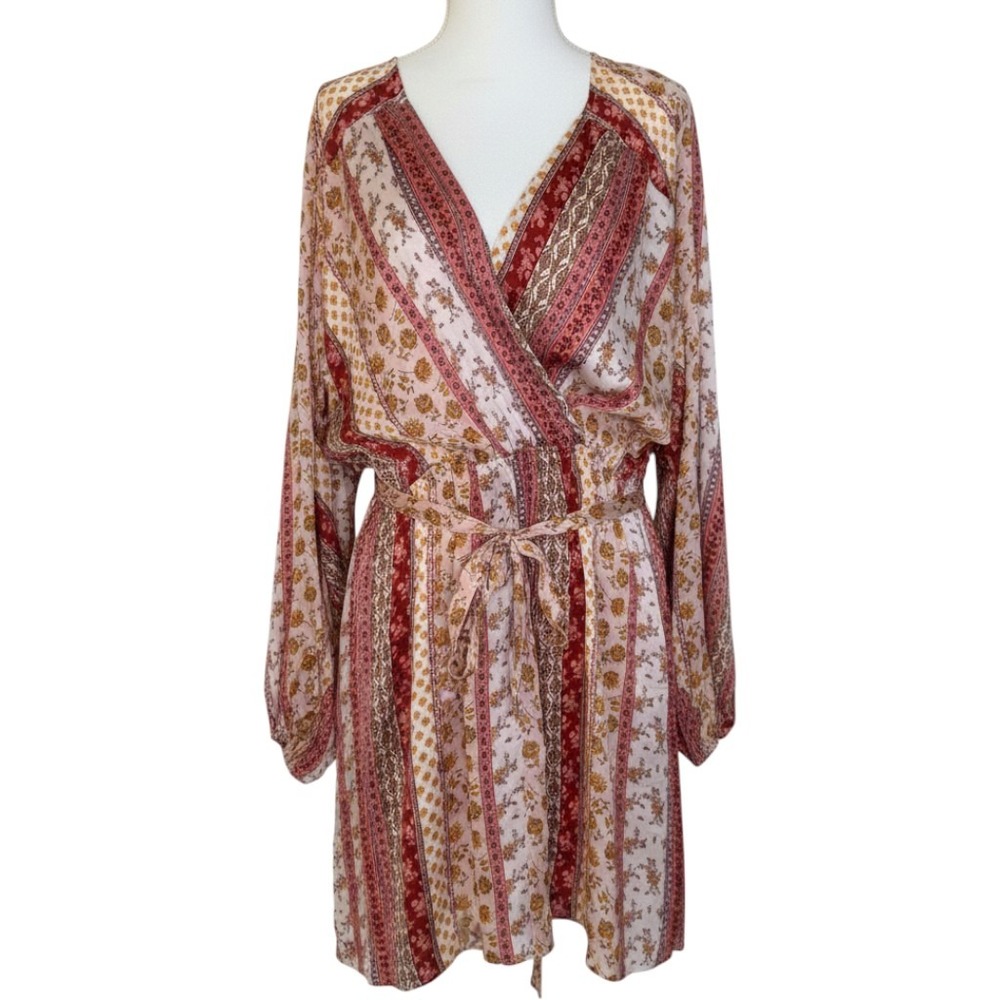 Arula Pink Multi Floral Paisley Wrap Dress Long Sleeve Boho V-Neck plus size2X